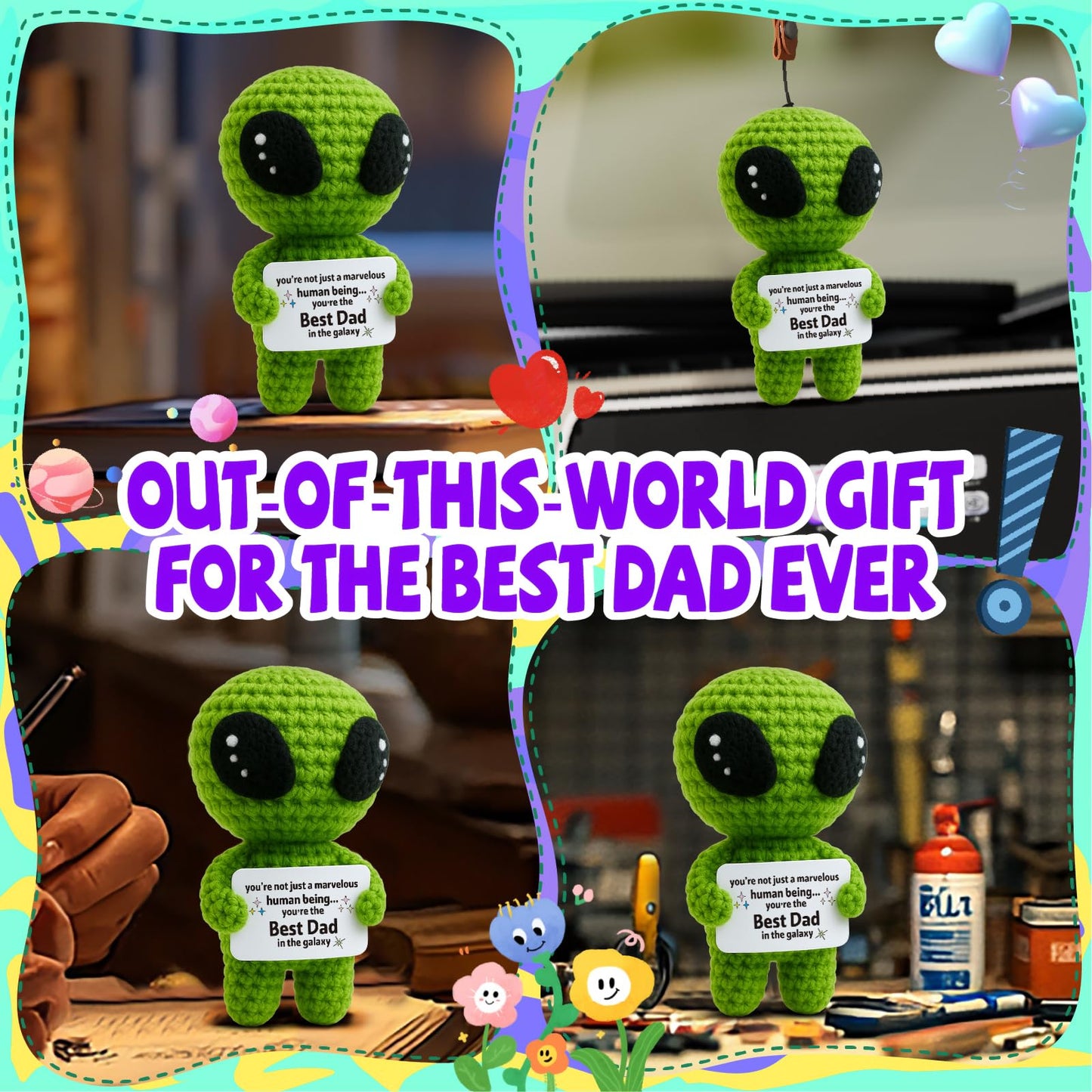 MAMAGIFTREE Fathers Day Funny Gift for Dad from Daughter Son with Message Card - Unique Dads Birthday Gifts for Husband from Wife Kids - Father’s Day Crochet Alien Handmade Decoration