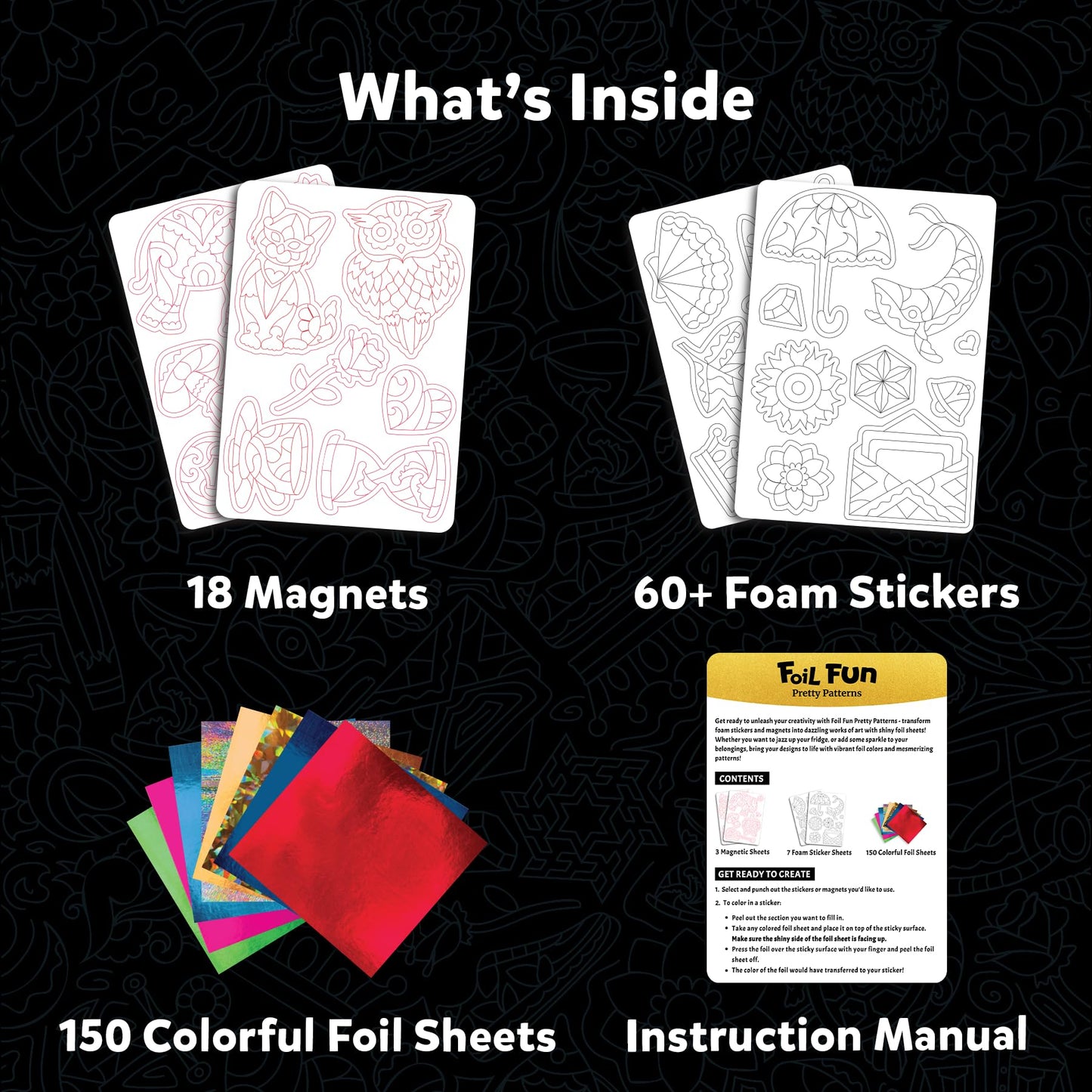 Foil Fun - Pretty Patterns, 18 DIY Magnets Mess-Free Art, Colorful Creative Party Activity, Craft Kits, 60+ Foam Stickers, Easter Gifts for Kids, Teens, Adults, Families