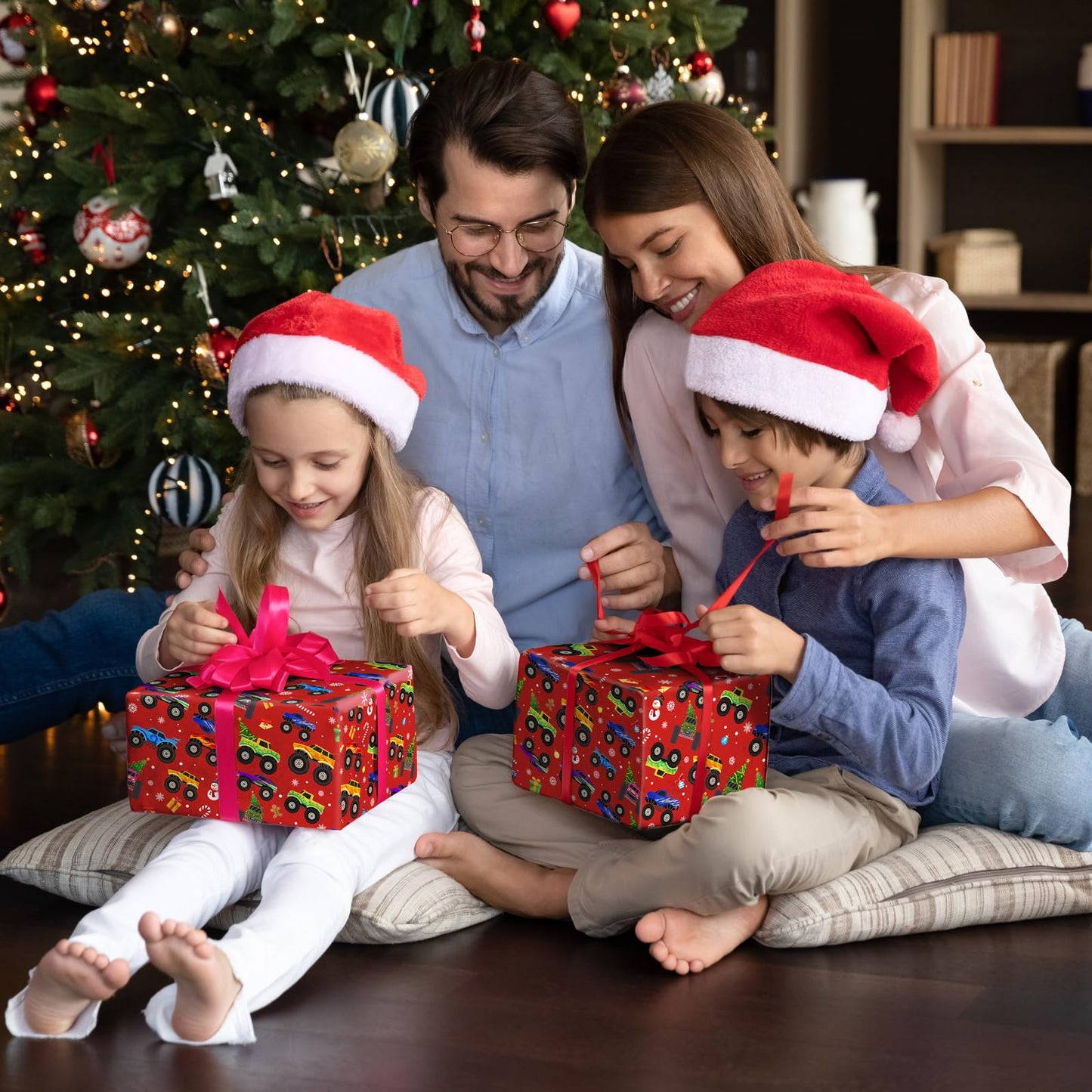 Cuitpan Red Monster Truck Christmas Wrapping Paper - Xmas Gift Wrap with Holiday Trees, Snowmen & Gingerbread Men Design - Ideal for Kids & Adults Gift Wrapping - 40×28 Inches, 4 Folded Sheets