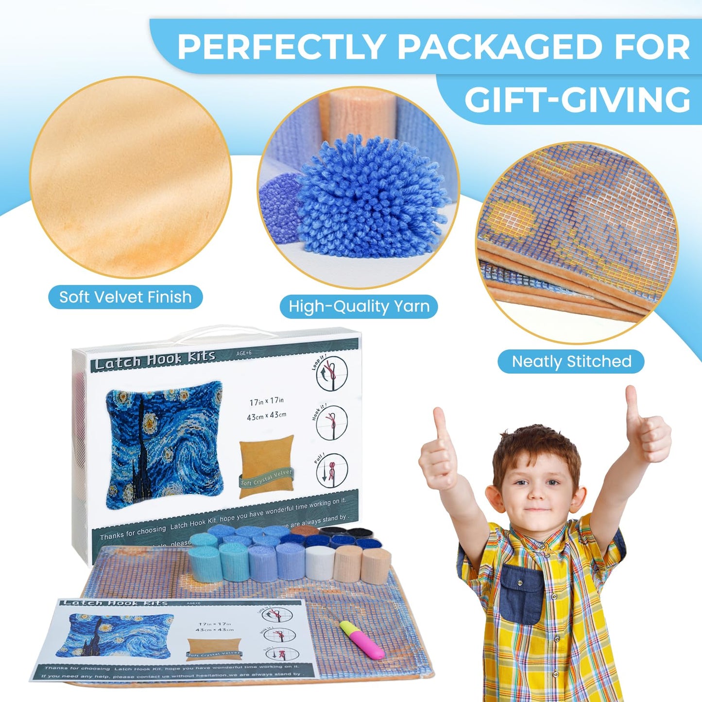 Latch Hook Pillow Kits Starry Sky Patterns Pre-Printed Canvas Pillow Making Set, Beginner Cushion Cover Latch Hook Kit, Creative Craft for Family Fun Home Decor