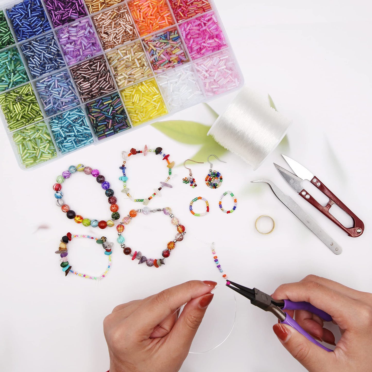 9600pcs Tube Beads Kit Glass Bugle Seed Beads Small Craft Beads for DIY Bracelet Necklaces Crafting Jewelry Making Supplies with Two Crystal String (7mm, 400 Per Color, 24 Colors)