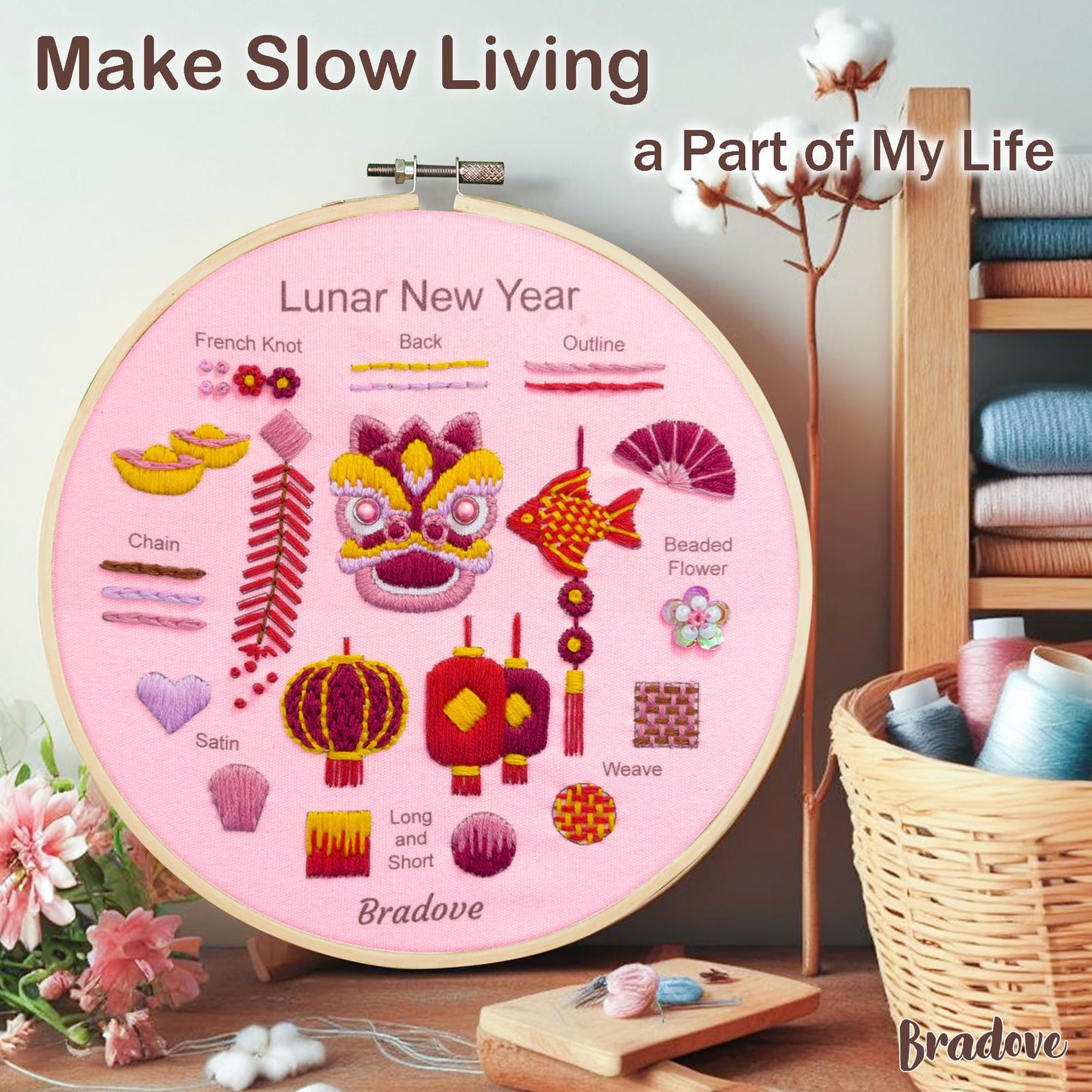 Bradove Lunar New Year Beginners Embroidery Kit for Adults Kids, Learn to Embroider Oriental Patterns, Stitches Kit, Bead Embroidery Kit, Beginner Embroidery Practice