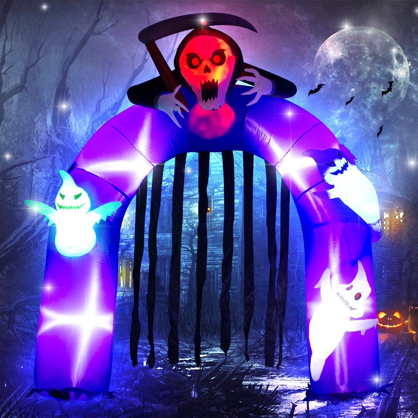 6FT Halloween Inflatables Giant Grim Reaper Arch with Three White Ghost, Built-in LEDs for Halloween Blow-Up Indoor-Outdoor Decoration