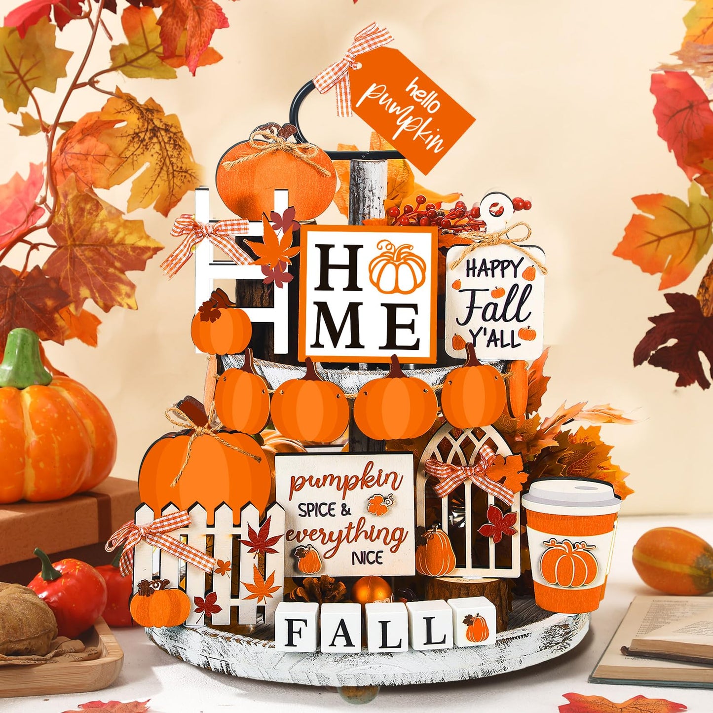 Set of 15 Fall Tiered Tray Decor Pumpkins Farmhouse Decor Autumn Maple Leaf Table Centerpieces Thanksgiving Harvest Wood Blocks Signs for Home Decor(Cute Style)