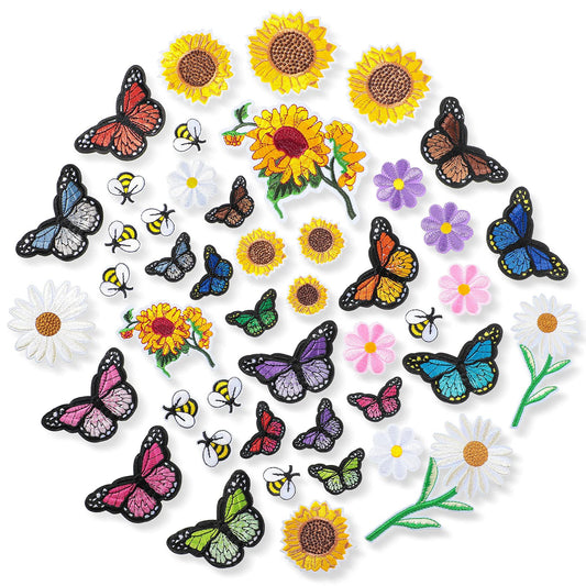 55 Pieces Embroidered Flowers Iron on Patches Butterfly Sew on Patch Sunflowers Appliques Patches Bee Embroidered Patches Decoration DIY Craft Patches for Clothes Jackets Jeans Dress Pants Decor