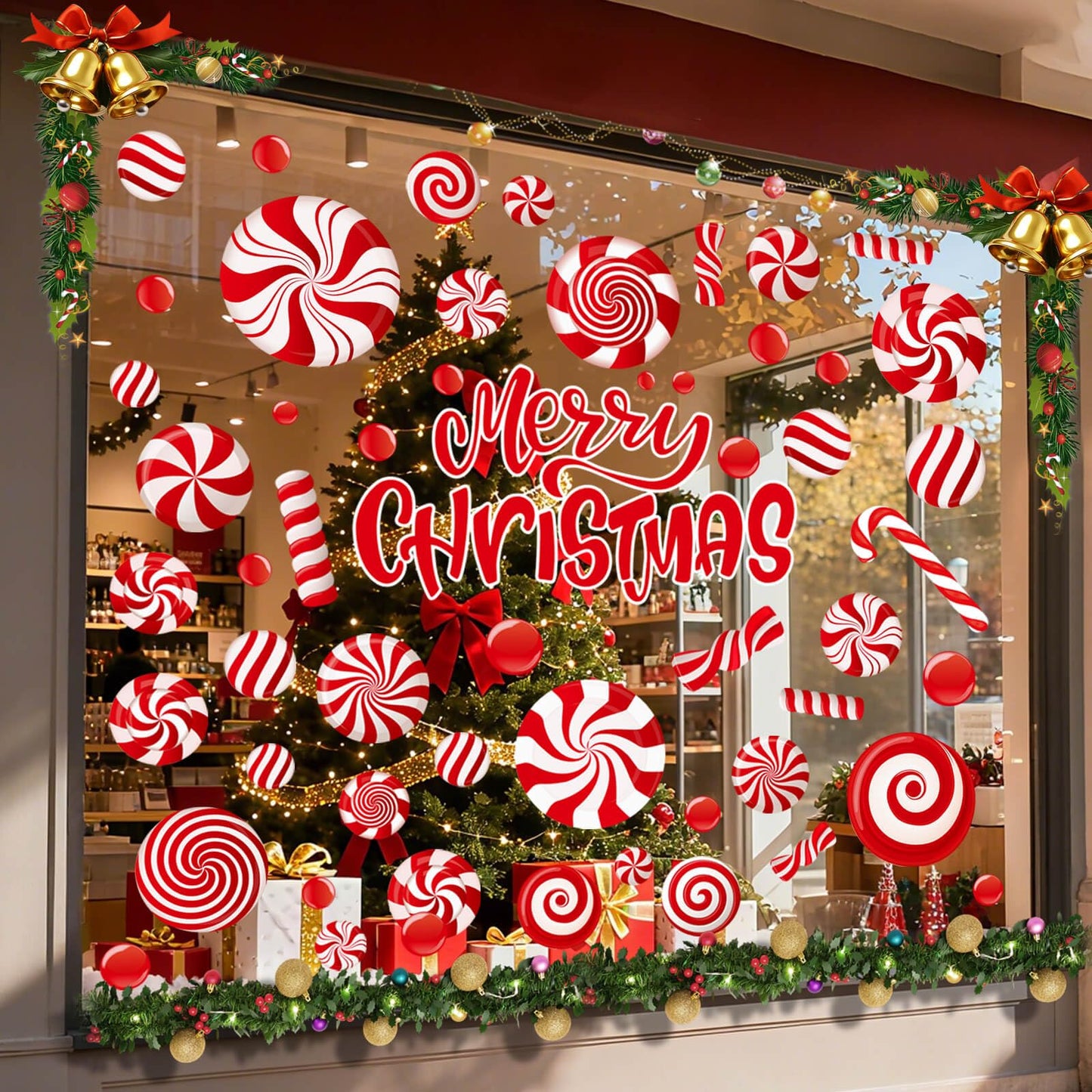 Candy Cane Christmas Window Clings Decorations, Winter Window Decal Stickers, Xmas Gift for Kids, Candyland Christmas Decor, 9 Sheets