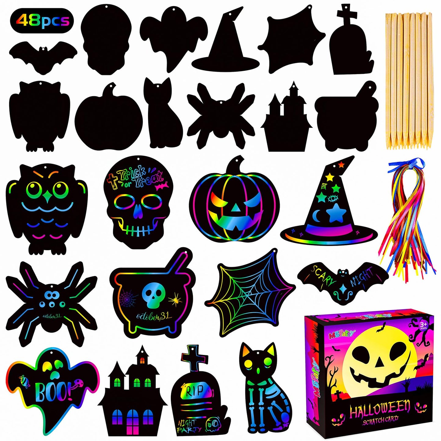 MGparty Scratch Paper Craft for Kids - 48 Pcs Magic Rainbow Scratch Paper Off Cards Set for Halloween Crafts, Arts Supplies, Ornaments, Party Games and Birthday Gifts