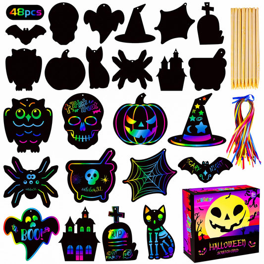 MGparty Scratch Paper Craft for Kids - 48 Pcs Magic Rainbow Scratch Paper Off Cards Set for Halloween Crafts, Arts Supplies, Ornaments, Party Games and Birthday Gifts