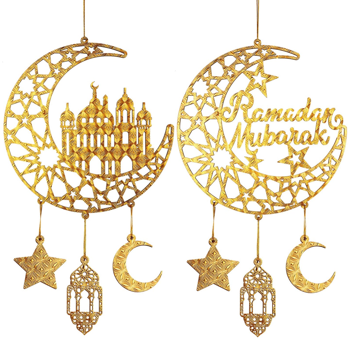 2 Pieces Eid Mubarak Door Sign Wooden Hanging Signs, Ramadan Kareem Hollow Ornament Decorations Moon and Stars, Moon Shape Ramadan Mubarak Party Wood Wall Hanger for Islamic Muslim Home Decor