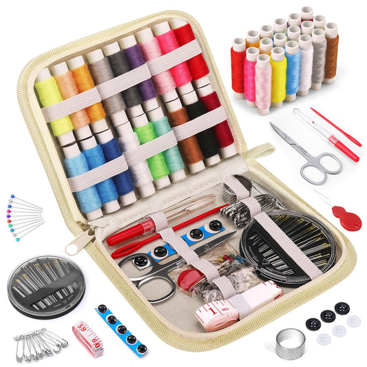 Coquimbo Sewing Kit for Adults, Kids, Beginner, Traveler, Portable Sewing Supplies Contains Soft Tape Measure, Scissors, Thimble, Thread, Sewing Needles (Beige, M)