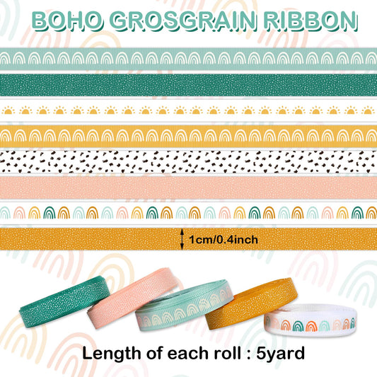 8 Rolls Boho Rainbow Ribbon 40 Yards 0.4 Inch Rainbow Themed Grosgrain Ribbon Colorful Boho Fabric Craft Ribbon for Wreath Bow Making Gift Wrapping Decor DIY Crafts