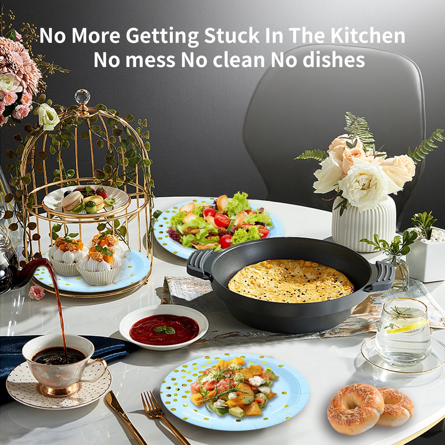 Blue Gold Paper Plates and Napkins Tableware Set-25 x 7''Dessert Plates & 25 x 6.5''Napkins & 25 x 7.3''Forks,Blue Party Supplies for Baby Showers,Birthday,Wedding,Bridal Shower,Anniversary(Serve 25)