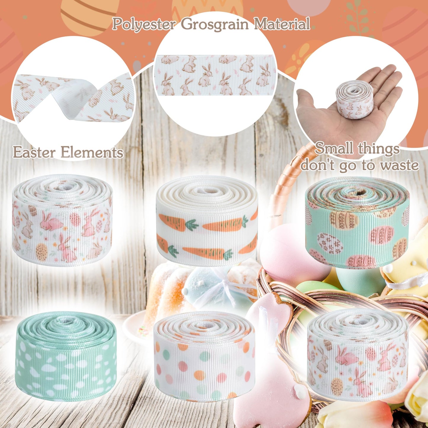 6 Rolls 1 Inch Easter Grosgrain Ribbon with Eggs/Rabbits/Carrots/Dots Pattern for Handmade Crafts, Wreaths and Gift Wrapping, Basket Decor, Bows Making, Easter Day Decoration (5 Yards/roll)