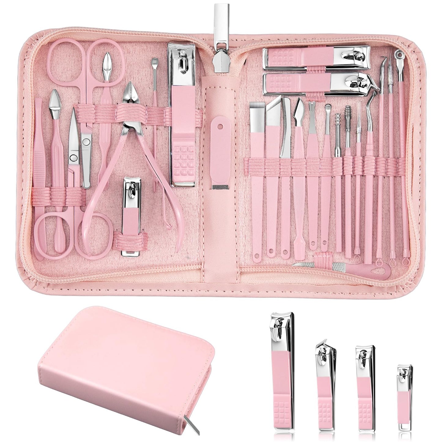 MINKINH 26-Piece Professional Manicure Set，Features Stainless Steel Tools, Carbon Steel Clippers & Travel Case for Women's Home and Travel Grooming，Mother's Day Gifts(Pink)