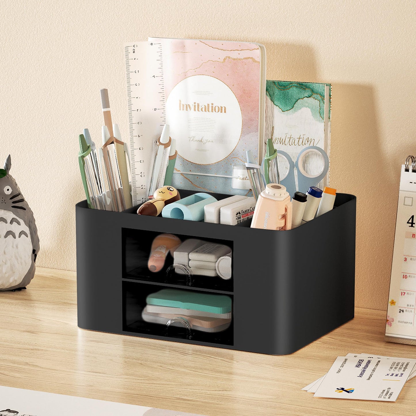 Marbrasse Pen Organizer with 2 Drawer, Multi-Functional Pencil Holder for Desk, Desk Organizers and Accessories with 5 Compartments + Drawer for Office Art Supplies (Black)