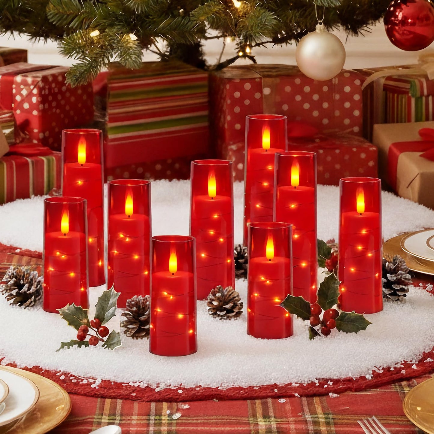 Flameless Candle with Remote Timer – 9 Flickering Acrylic Battery Operated LED Pillar Candles with Embedded Star String for Valentine's Day, Home Decor, and as a Gift (Red)