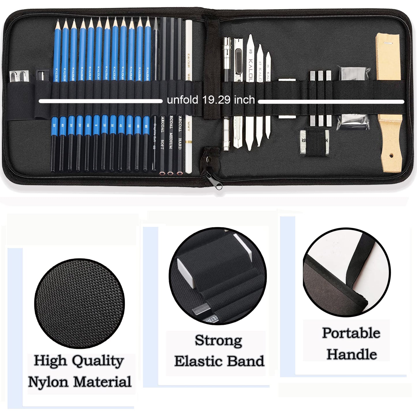 33 Pro Drawing Kit Sketching Pencils Set,Portable Zippered Travel Case-Charcoal Pencils, Sketch Pencils, Charcoal Stick,Sharpener,Eraser.Art Supplies for Artists Beginner Adults Teens