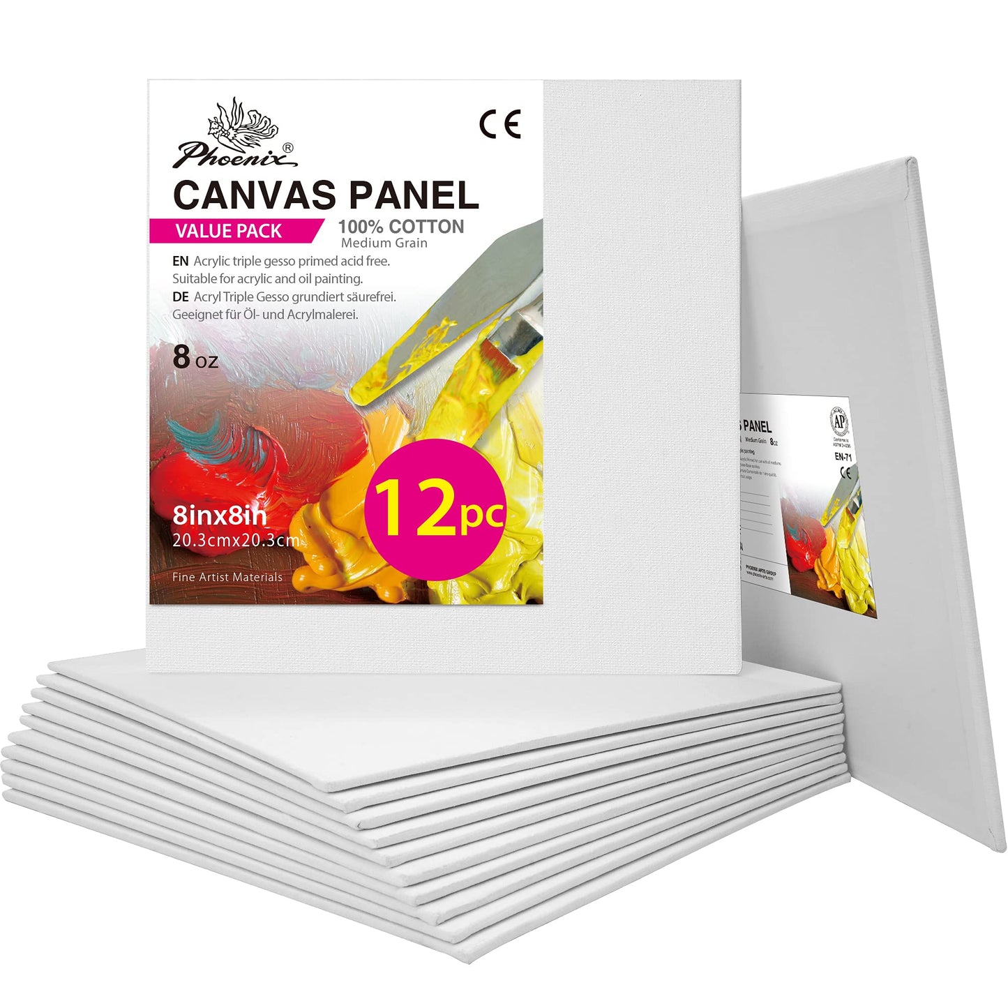 Painting Canvas Panels 8x8 Inch, 12 Value Pack - 8 Oz Triple Primed 100% Cotton Acid Free Square Canvas Boards for Painting, White Blank Flat Canvas Boards for Acrylic, Oil Paints