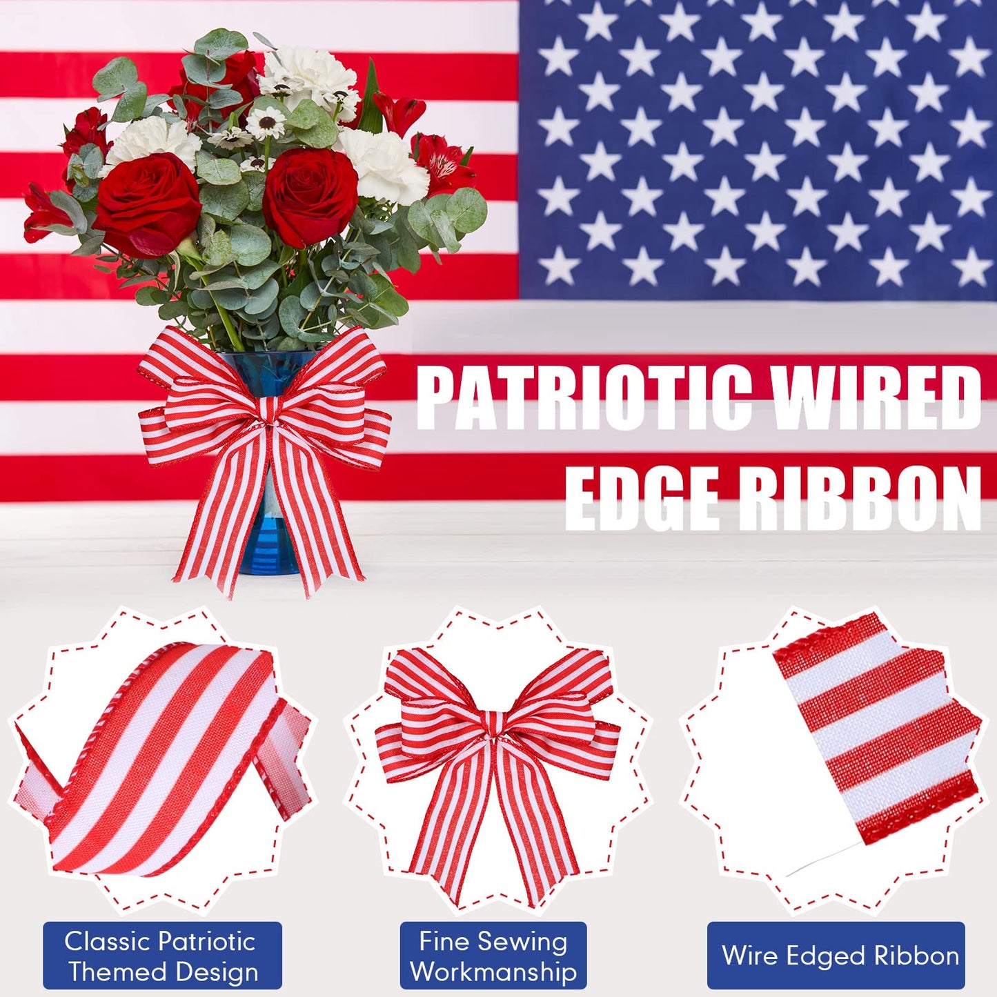 Hoteam 250th Anniversary 2 Rolls 20 Yard Red White and Blue Ribbon Patriotic Star and Striped Wired Royal USA Ribbon DIY Crafts for Xmas Holiday Decor(1.5 Inch,Red, White, Blue)
