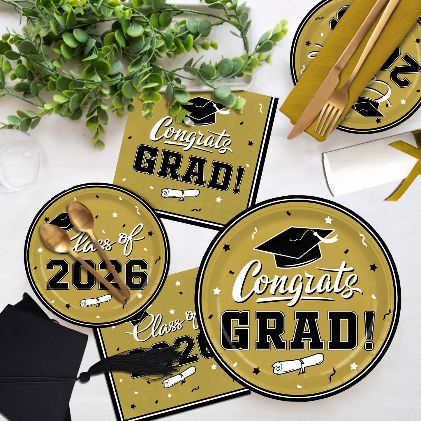 Graduation Party Plates and Napkins Gatherfun Graduation decorations 2026 Gold Disposable Paper Plates Luncheon Napkins Cocktail Napkins for Congrats Grad Party Decorations, Serve 50