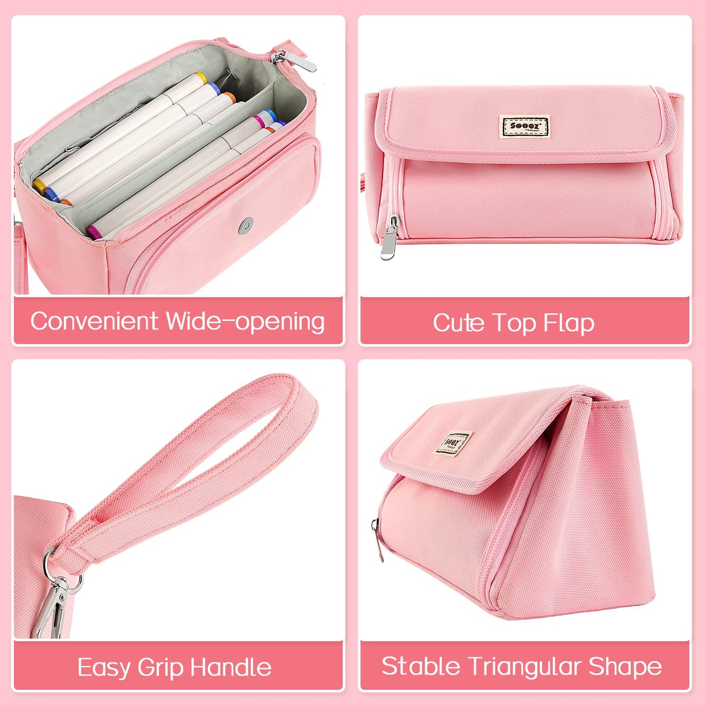 Sooez Super Large Pencil Case, Big Capacity Pencil Bag with 3 Compartments, can hold 100 pencils, Cute Pencil Pouch with Zipper, Portable Stationery Pen Bag, Aesthetic School Supplies For Girls, Pink