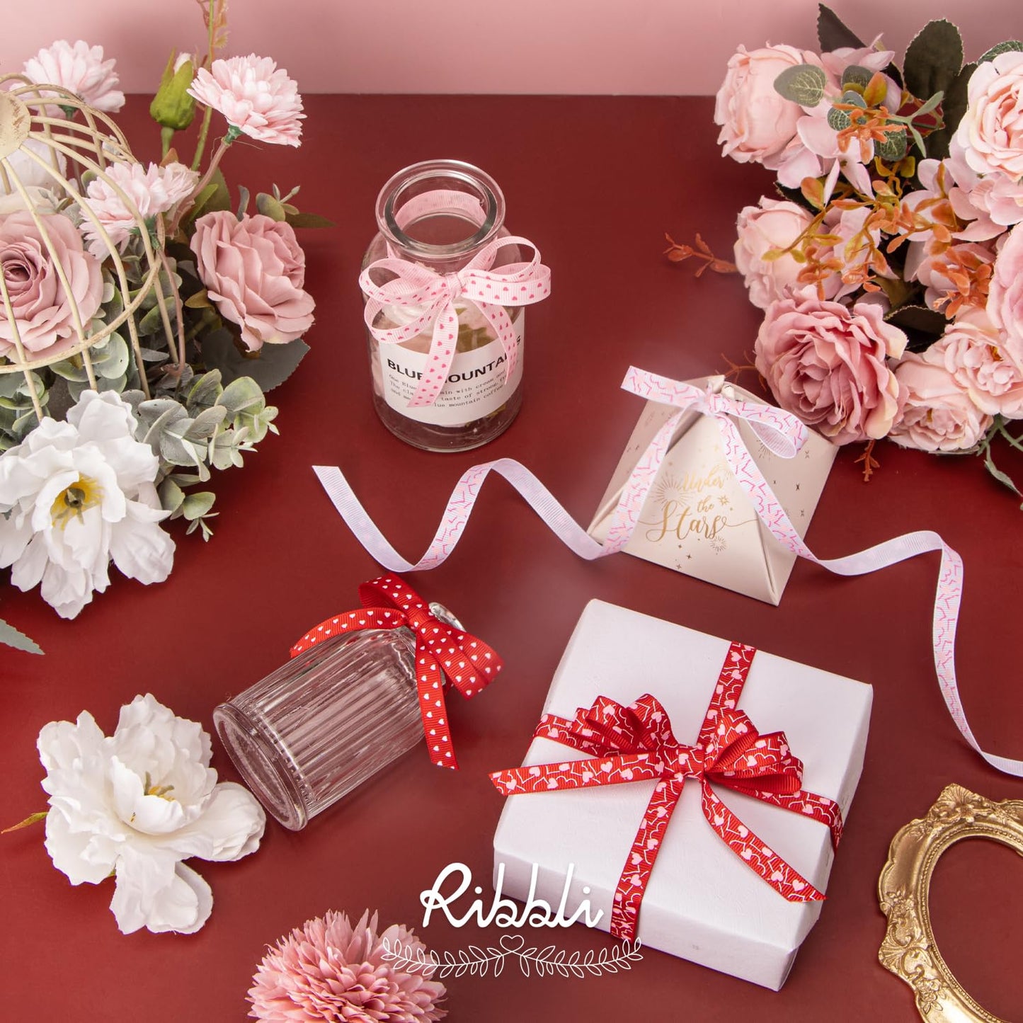 Ribbli Valentine’s Day Ribbon,4 Rolls Grosgrain Ribbon Use for Valentines Day Craft,Gift Wrapping,Home Decor,3/8 Inches Total 40 Yards,Red/White/Pink/Hot Pink