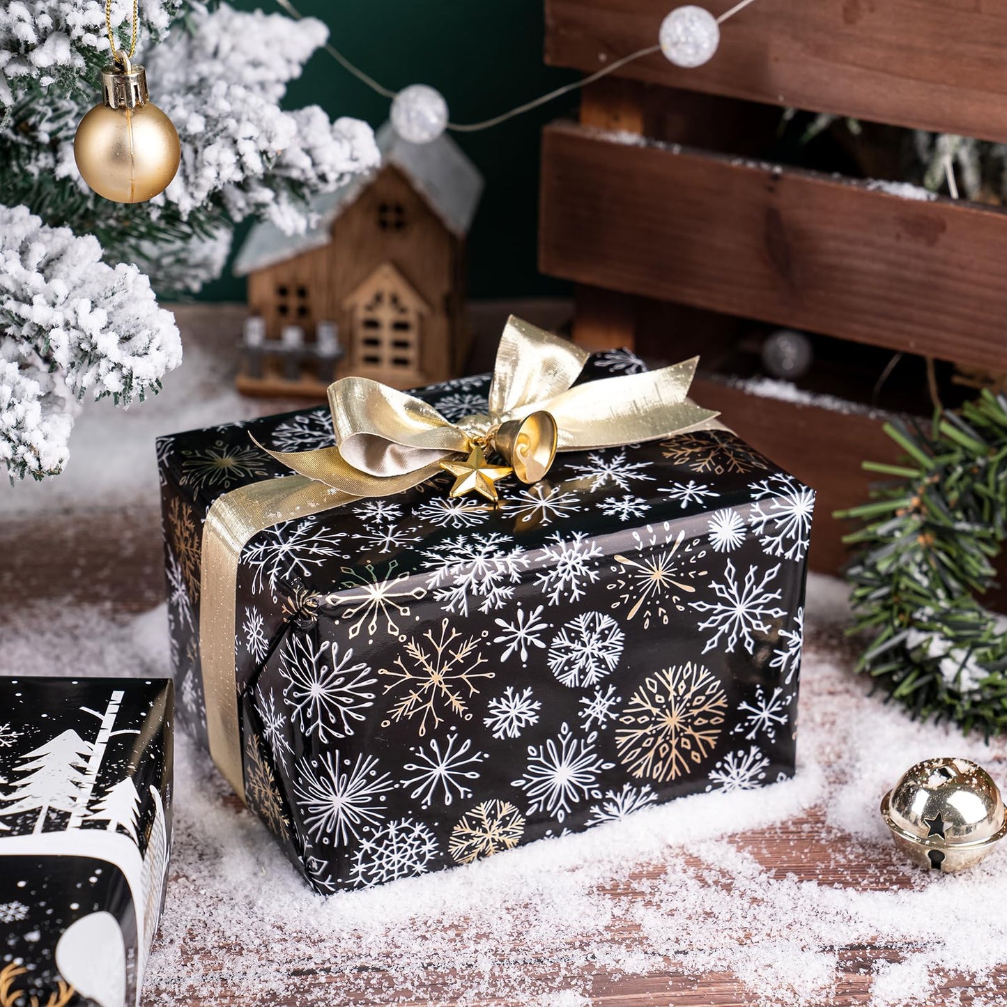 Christmas Wrapping Paper Roll - Mini Roll - 3 Rolls - 17 Inch X 120 Inch Per Roll - Black and Gold Reindeer Family, Snowflake Holiday Collection with Metallic Foil Shine