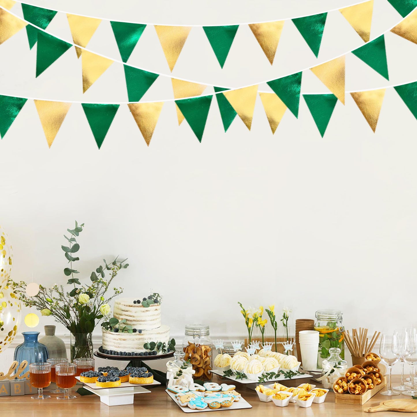 Green Gold Party Decorations Metallic Fabric Triangle Pennant Banner Flag Bunting Garland for Graduations Birthday Retirement Wedding Baby Shower Spring Summer Master Golf Theme Outdoor Party Supplies