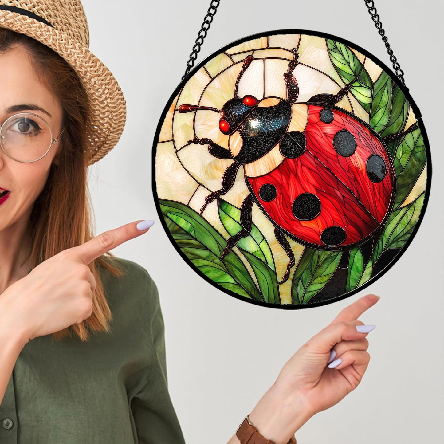 AMDERVEN Stained Glass Window Hanging - Red Seven-Spotted Ladybug Sun Catcher for Door Home Decor Insect Suncatcher Christmas Mother's Day Birthday Gifts for Women Men Mom Nana 6.3 in