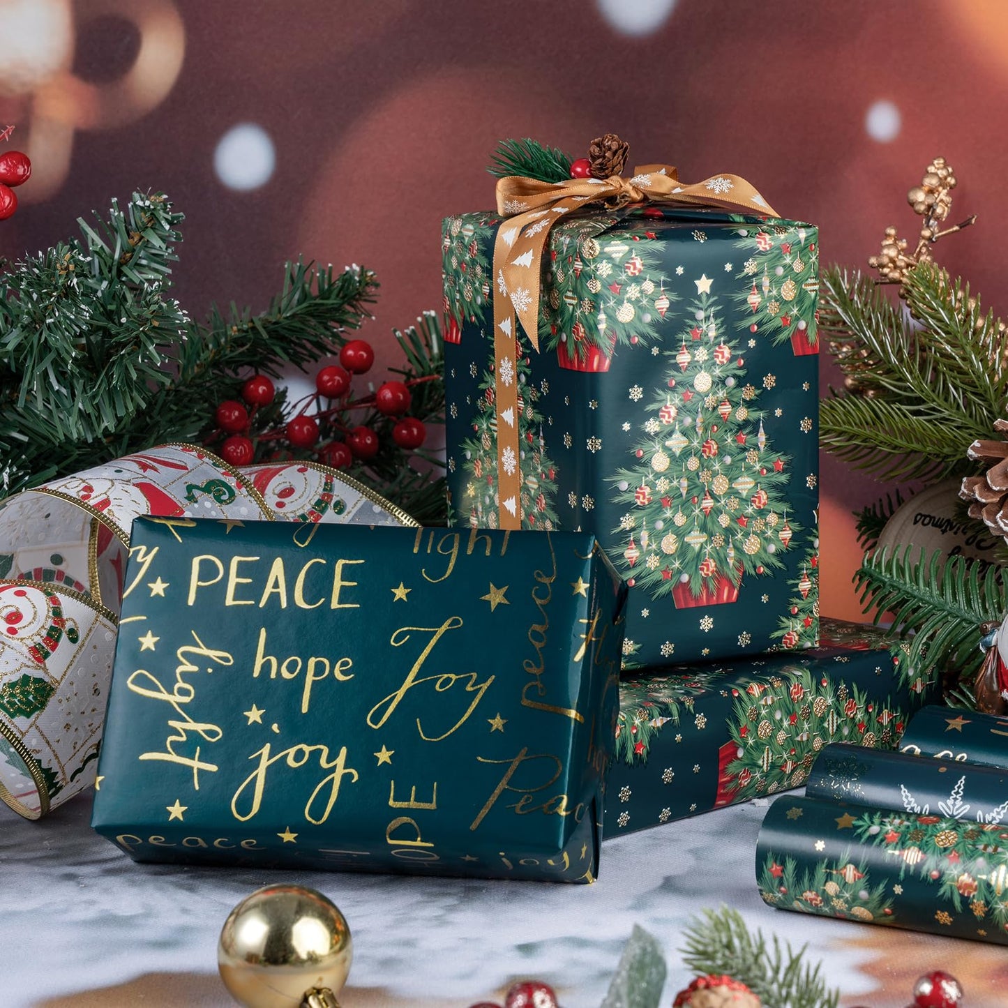 Christmas Wrapping Paper Roll - Mini Roll - 3 Rolls - 17 Inch x 120 Inch Per Roll - Green Christmas Tree and Snowflake Holiday Design with Metallic Foil Shine