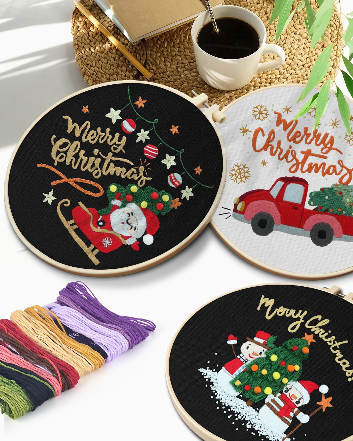 Christmas Embroidery Kit for Adult Beginners, 3 Sets Embroidery Stitch Practice kit Include Embroidery Cloth Hoops Threads for Craft Lover Hand Stitch