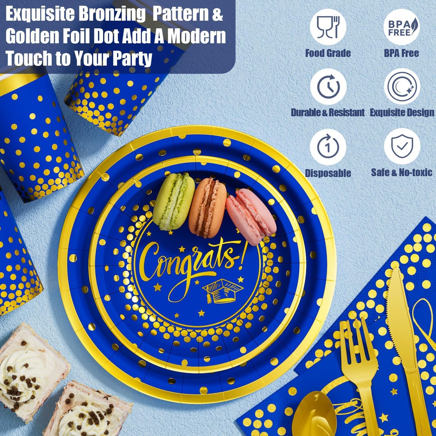 Ecomore Graduation Decorations 2026-175 PCS Blue Gold Disposable Dinnerware Set, Congrats Grad Party Supplies w/Paper Plates Cups Napkins & Plastic Cutlery, Serves 25 for School College Class 2026