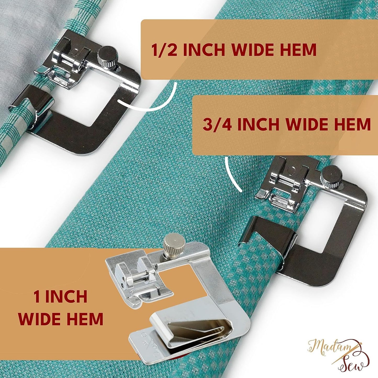 Madam Sew Rolled Hem Presser Foot Set – 3 Piece Wide Hemming Foot Kit Includes 1/2”, 3/4" & 1” Presser Feet – Rolled Hem Foot Compatible with Most Models of Singer, Brother, Babylock, Euro-Pro, Janome