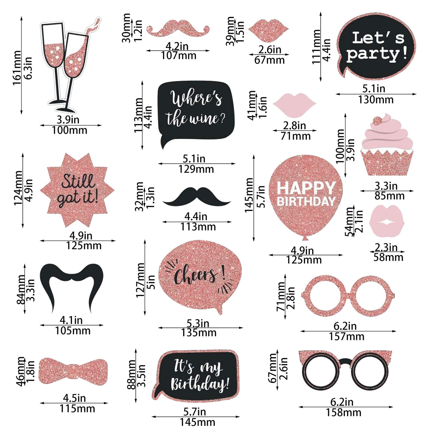 Party Birthday Photo Booth Props, 30Pcs Set of Happy Birthday Selfie Party Supplies with Real Glitter Cute Bday Designs for Women or Girls,Easy to Assemble(Rose Gold)