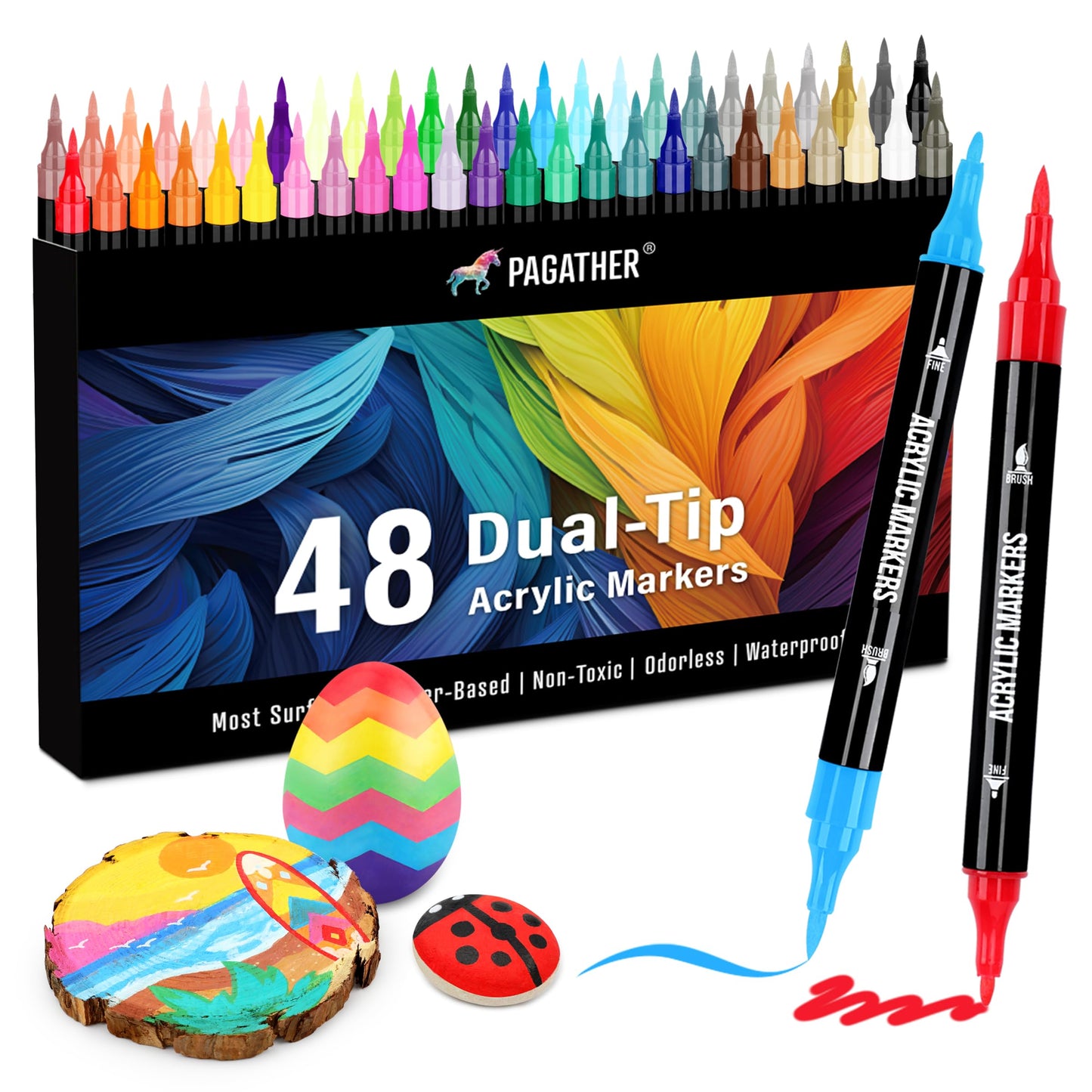 48 Colors Acrylic Paint Markers, Dual Tip with Fine Tip and Brush Tip Pens for Stone, Wood, Calligraphy, Canvas, Ceramic, Metal, Glass, Rock Painting, DIY Crafts