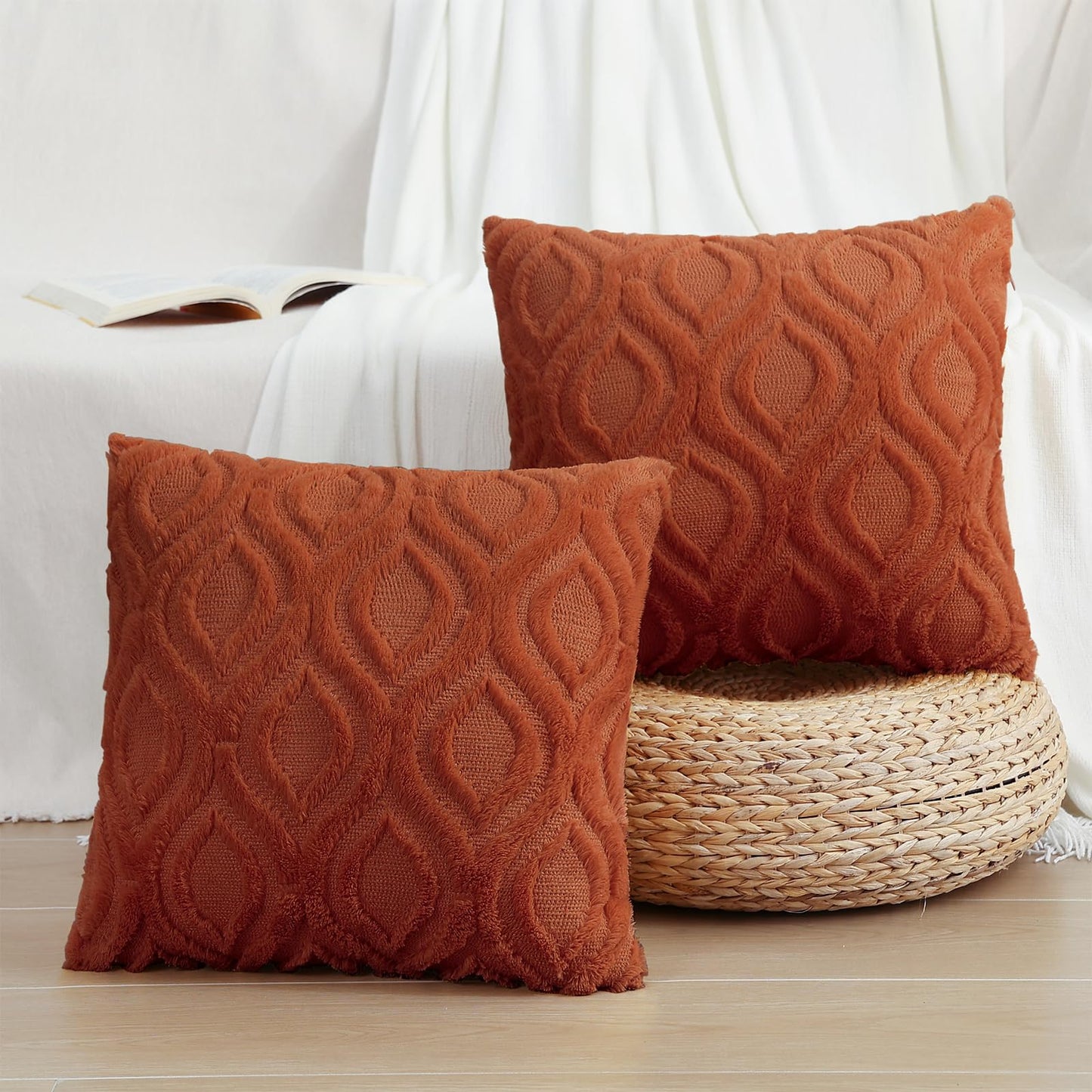 decorUhome Fall Decorative Throw Pillow Covers 18x18, Soft Plush Faux Wool Couch Pillow Covers for Home, Set of 2, Rust