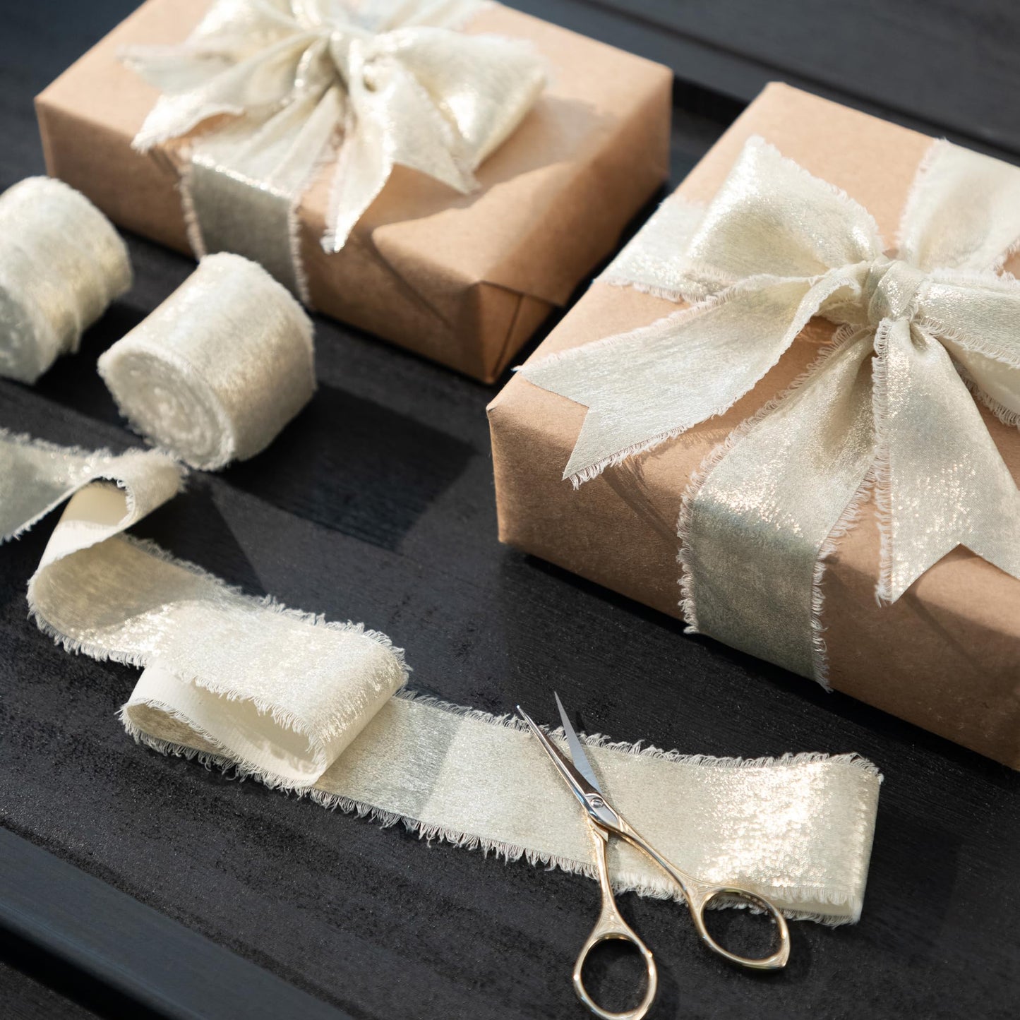 Champagne Gold Ribbon, Shimmery Chiffon Silk Ribbons Frayed Edge for Bridal Flower Bouquet Gift Wrapping Wedding Invitations Decor DIY Crafts 1.5" x 15 Yard 3 Rolls