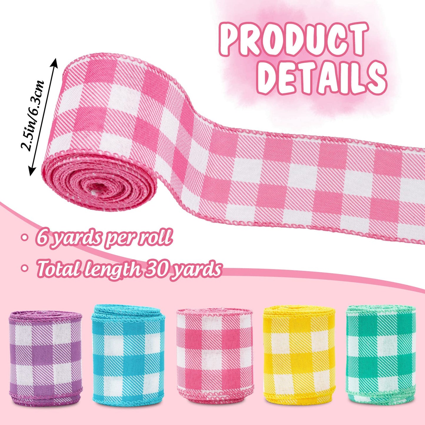 Colored Wired Edge Ribbon 30 Yards Spring Pastel Gingham Patterned Ribbon Colorful Buffalo Plaids Craft Fabric Ribbon for Gift Wreath Bow Making DIY Crafts Wrapping Supplies, 5 Rolls