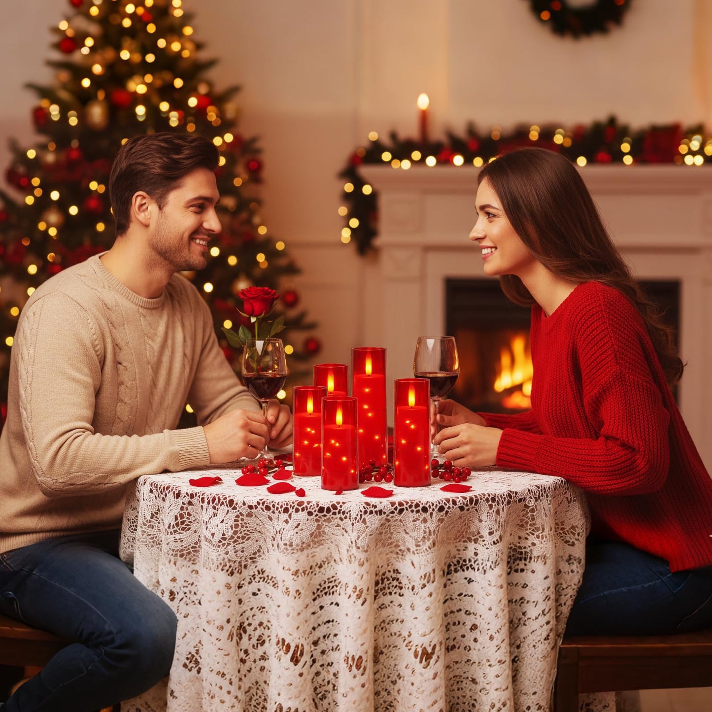 Flameless Candle with Remote Timer – 9 Flickering Acrylic Battery Operated LED Pillar Candles with Embedded Star String for Valentine's Day, Home Decor, and as a Gift (Red)