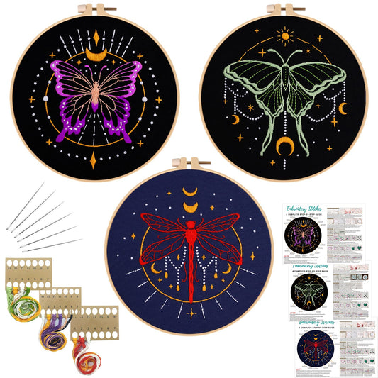 Louise Maelys 3 Set Tarot Embroidery Kits for Beginners with Moon Butterfly Dragonfly and Moth Pattern,Adults Starter Cross Stitch Kit DIY Needlepoint