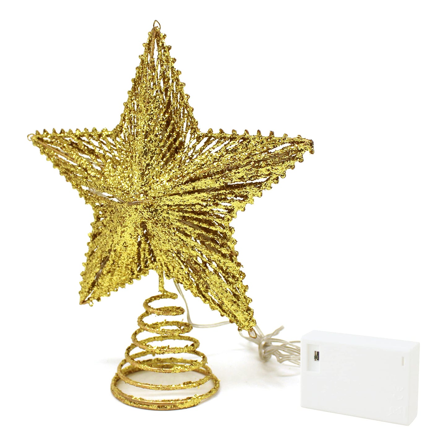 CVHOMEDECO. Gold Glittered 3D Tree Top Star with Warm White LED Lights and Timer for Christmas Tree Decoration and Holiday Seasonal Décor, 8 x 10 Inch