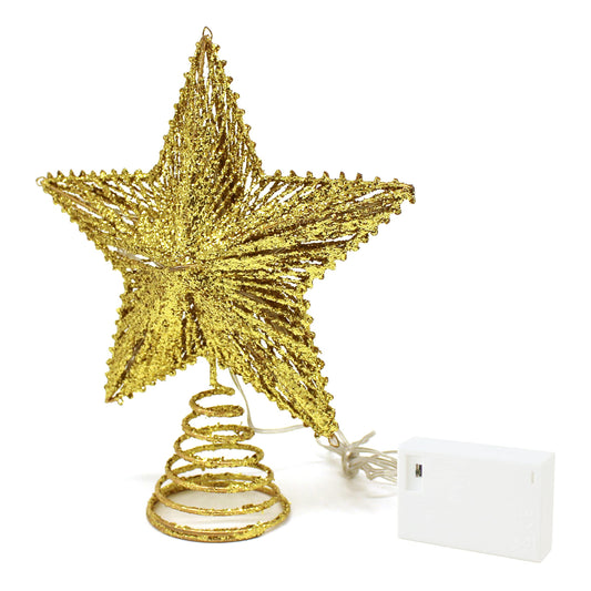 CVHOMEDECO. Gold Glittered 3D Tree Top Star with Warm White LED Lights and Timer for Christmas Tree Decoration and Holiday Seasonal Décor, 8 x 10 Inch