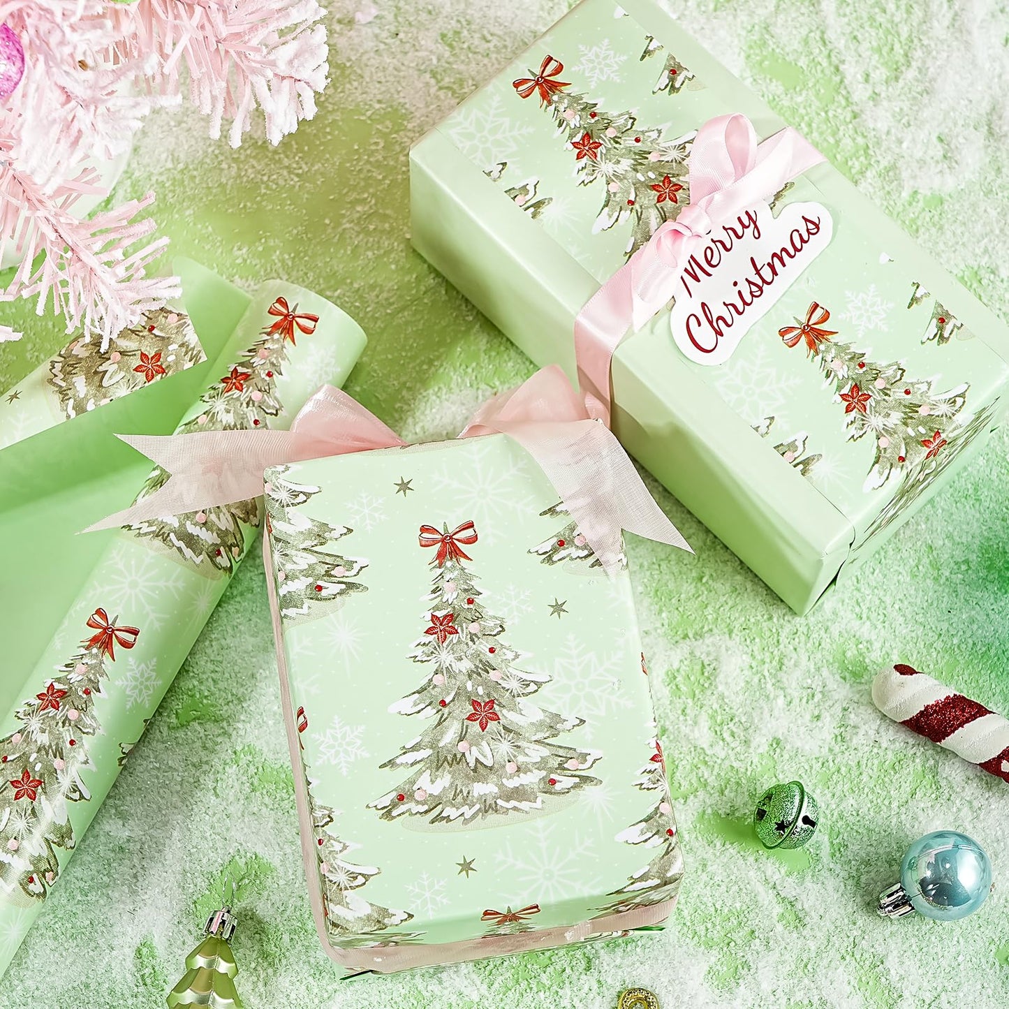 30 Inch Jumbo Reversible Christmas Wrapping Paper - 30 Inch x 33 Feet - Light Green Christmas Tree Wrapping Paper for Xmas Holiday, Party Celebration