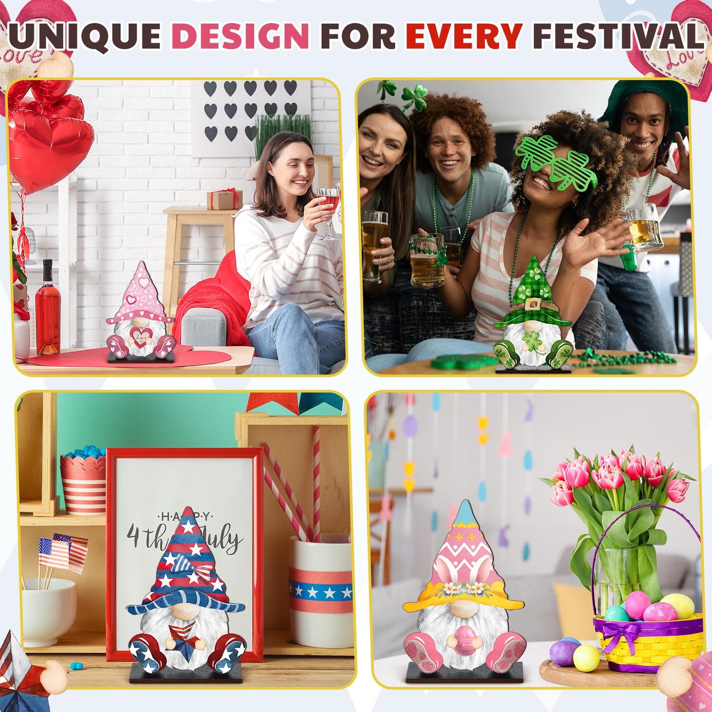 34 Pcs Christmas Interchangeable Wooden Gnome Decor DIY Holiday Christmas Seasonal Tiered Tray Decoration Gnomes with Magnet Pieces Welcome Sign for Xmas Holiday Decorations (Vivid)