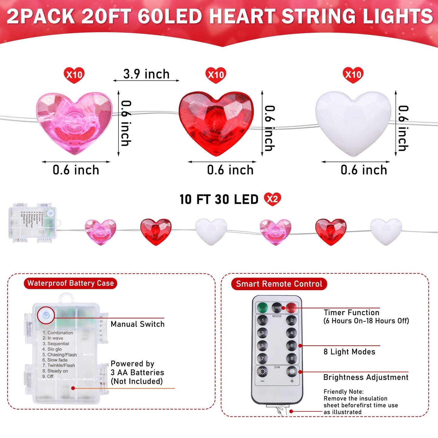 2 Pack Valentines Day Decor 20FT 60 LED Heart Twinkle Fairy Lights Battery Operated, 8 Modes Romantic Red Pink White Heart String Lights Valentines Decorations for Home Party Bedroom Wedding
