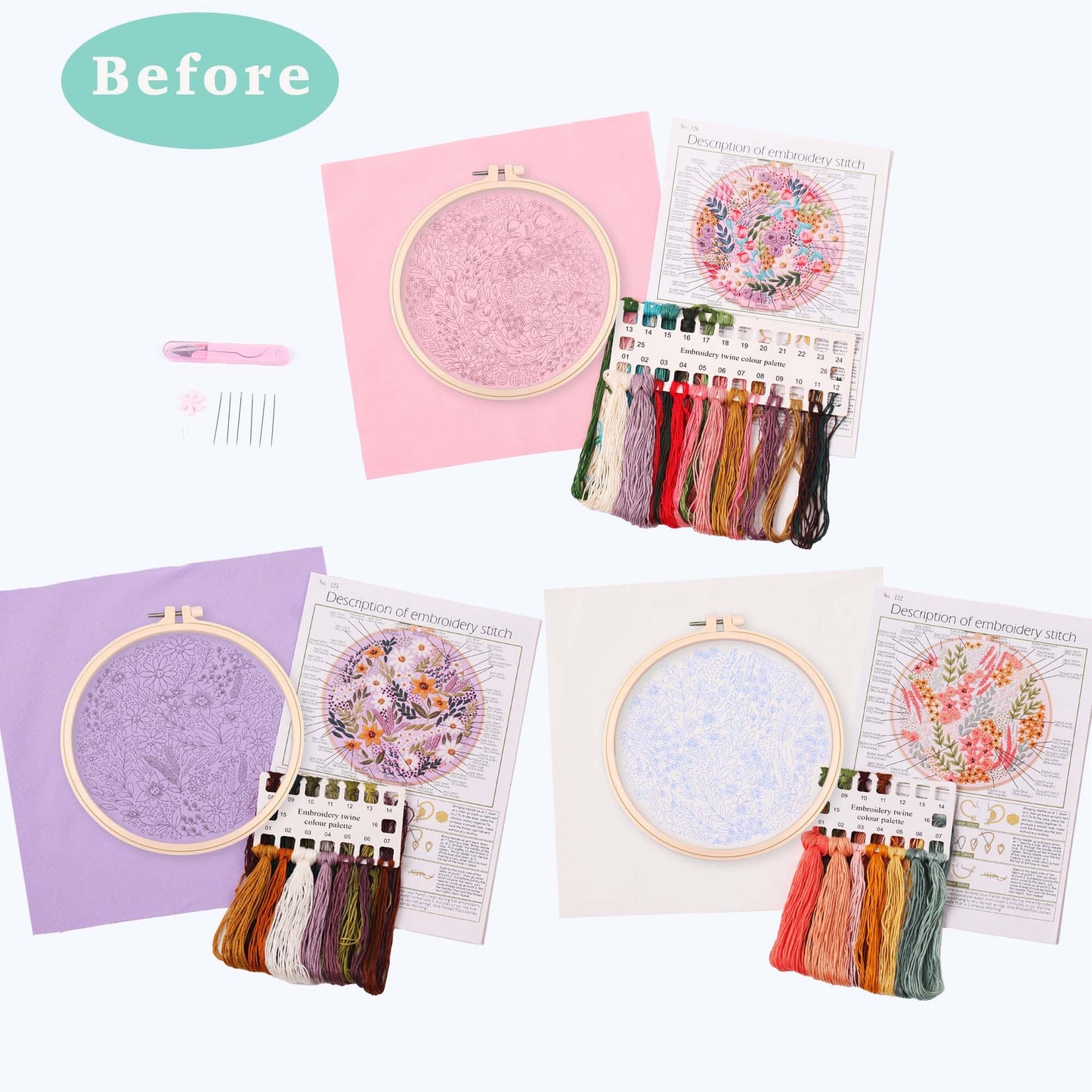 3 Pack Embroidery Starter kit with Patterns and Instructions, DIY Adult Cross Stitch Kits Beginner, Including 3 Plastic Embroidery Rings, 1 Scissors, Colored Threads and Needles