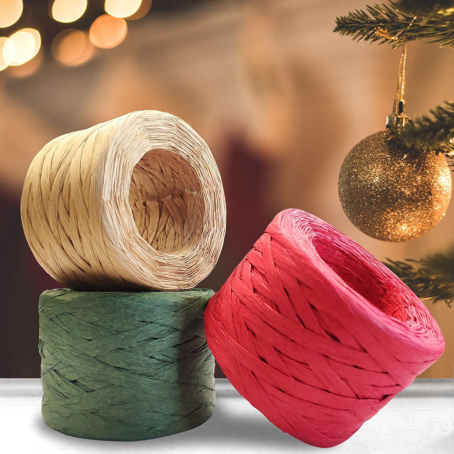 CREATRILL 3 Rolls Red Green Kraft 1/4" by 492 Feet Raffia Ribbon/String, 164 Feet Each Roll, Packing Paper Twine for Christmas