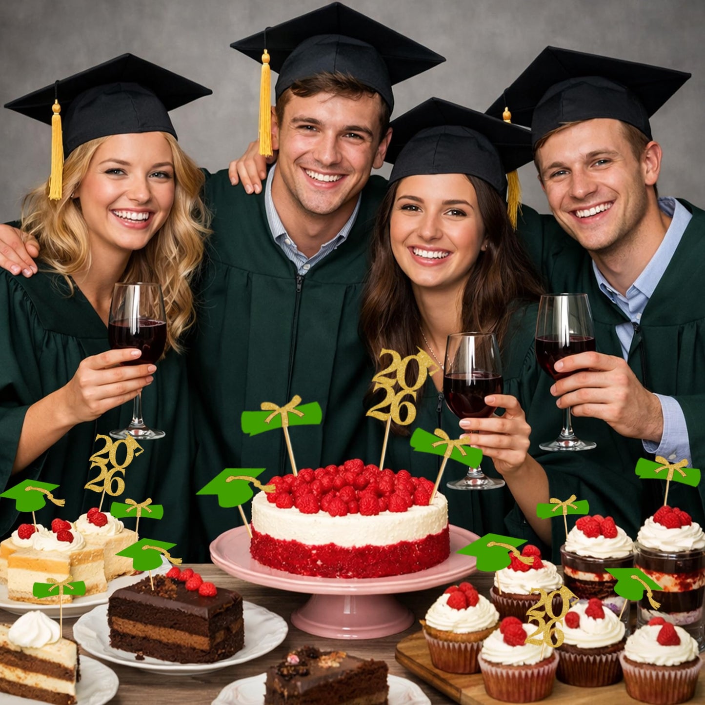 OHOME Graduation Decorations 2026-36 PCS Graduation Cupcake Toppers - 2026 Graduation Party Decorations - Mini Cake Decorations for Class of 2026,Diploma, 2026, Grad Cap Set (Green)