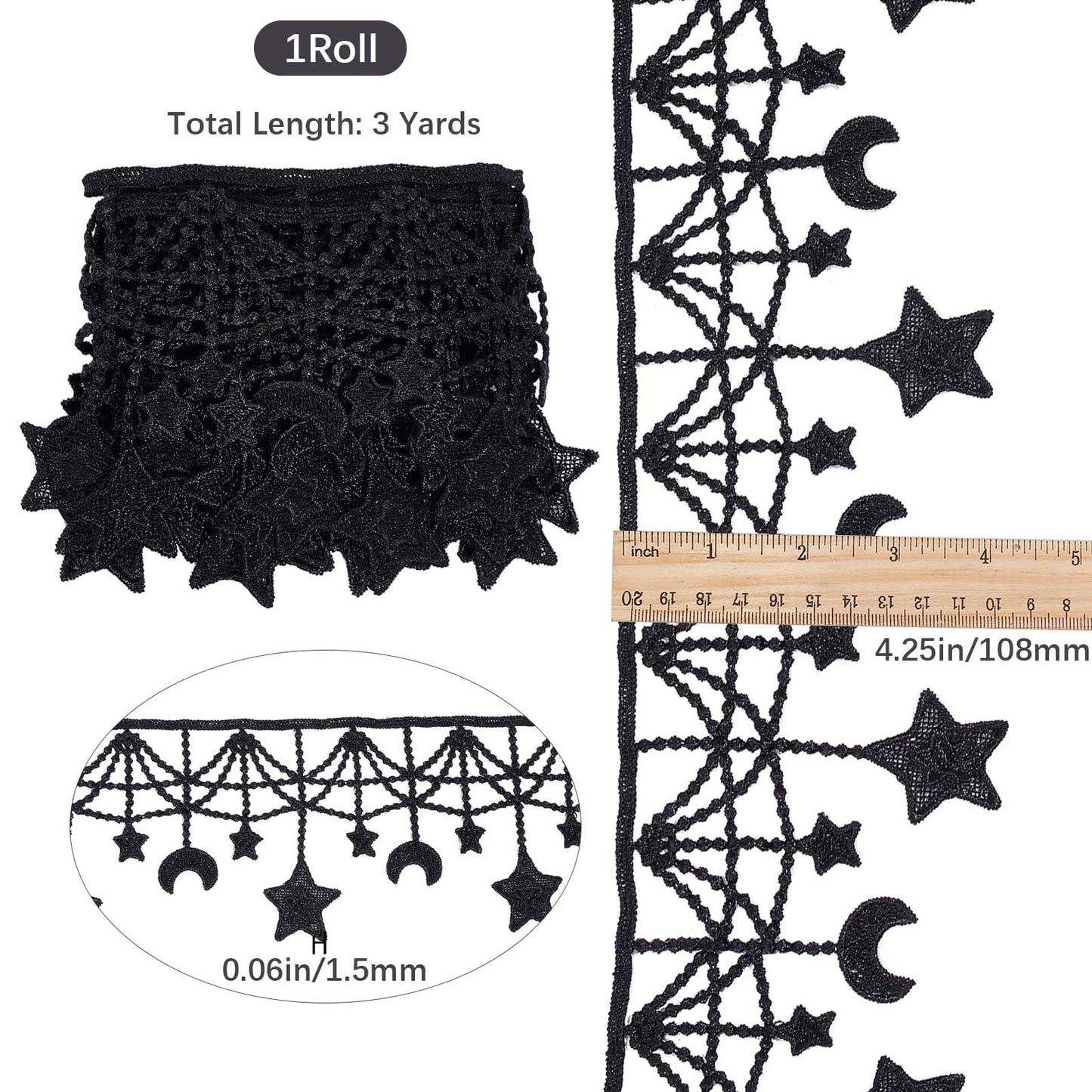 3 Yards Black Embroidered Lace Trim Ribbon MoonStar Venice Floral Sewing Crochet Lace Fabric Embroidery Wedding Applique Patch Sticker for DIY Crafts Sewing Gift Wrapping 4.3 Inch Width
