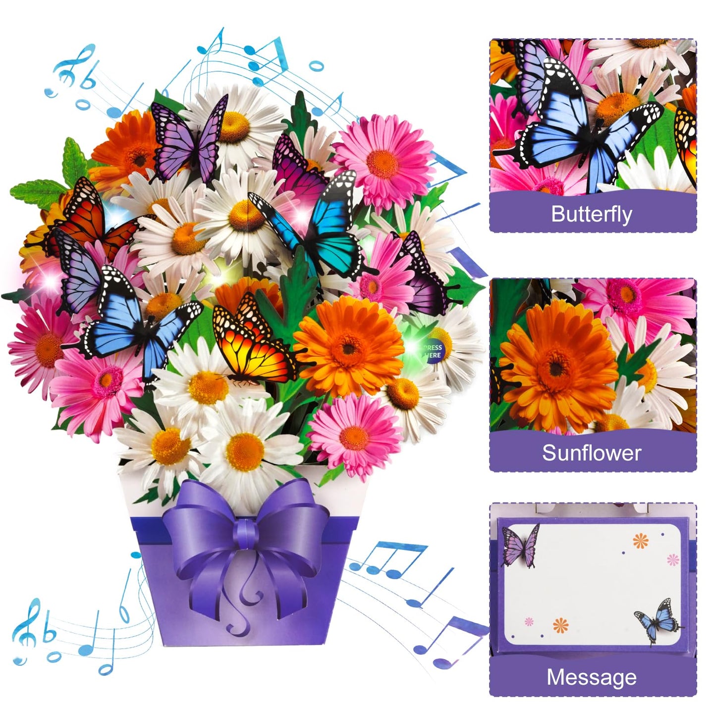 APOTODITO Butterfly Cards with Music and Light, Flower Bouquet Card, Mothers Day Cards, Mothers Day Gifts for Mom, Women, Wife, Sister (daisy and butterfly)
